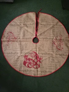 Tree Skirt Tan with Red Trim and Ties 100Poly, look pf Burlap 36" center to hem - Picture 1 of 6