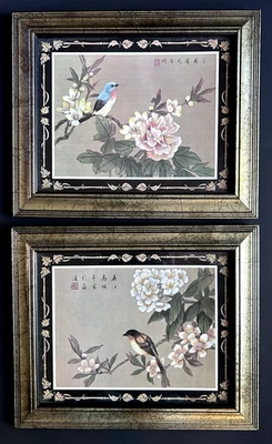 Vtg Pair Framed Asian Watercolor Painting on Silk Bird w/Flowers 12"x10" Signed - Image 1 of 4