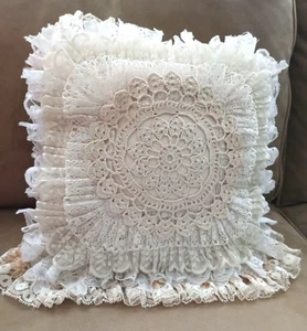 Handmade Square Layered Lace Throw Pillow Cream & Beige Ruffled Edges 12"x12" - Picture 1 of 9