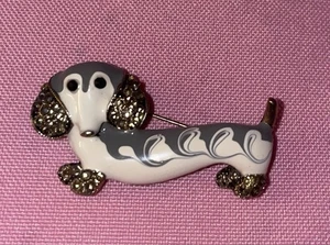 Vintage Dackel Weiner Hund Brosche Anstecknadel grau & weiß Emaille mit Strass - Bild 1 von 4