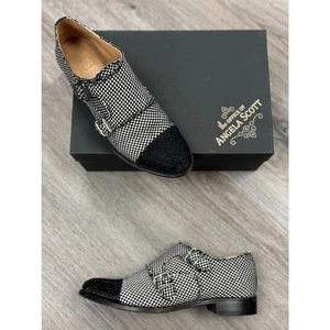 the OFFICE OF ANGELA SCOTT Black & White Check Monk Strap Mr. Colin Shoes Sz. 38 - Picture 1 of 8