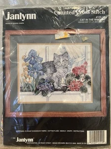 1991 Janlynn gezähltes Kreuzstich-Set 125-19 Katze im Fenster Blumen neu aus altem Lagerbestand versiegelt - Bild 1 von 7