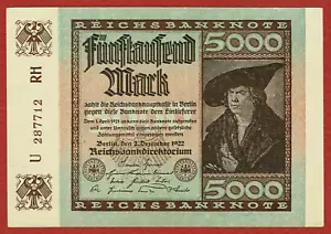 REICHSBANKNOTE 2. 12. 1922 5,000 MARK WATERMARK E (PICK#81a) CH CU - Picture 1 of 2