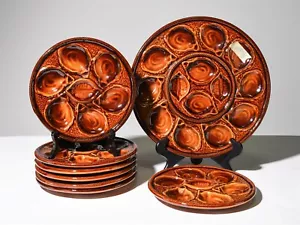 SET OF 8 BROWN OYSTER PLATES - Picture 1 of 1