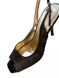 Anne Klein Black Slingback Suede & Patent Leather Stiletto Heels 10M Peep Toe - Picture 1 of 18