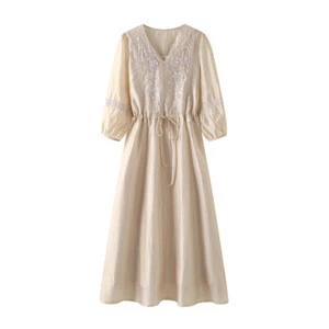 Women Ethnic Embroidered A-line Dress 3/4 Sleeve Drawstring Tunic Summer Casual - Picture 1 of 9