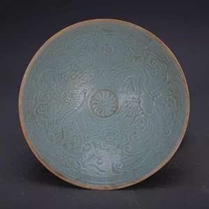 Chinese Hand Painting Ding kiln Monochrome Glaze Porcelain Dragon Phoenix Bowl - Picture 1 of 9