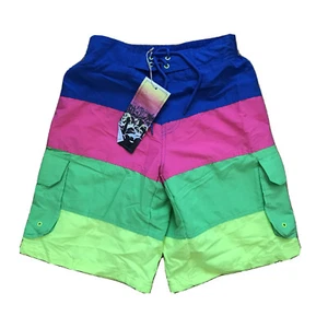 NEW LOOK NEON MULTI STRIPED FUNKY SWIM BOARD SHORTS TRUNKS LARGE 36-38 BNWT - Picture 1 of 9