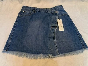NWT Just USA Women's sz L Blue Denim fringed Jean Skirt Criss Cross Asymmetric - Picture 1 of 18