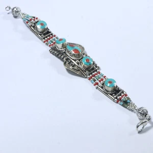 Real Turquoise Coral Ethnic Bracelet Statement Gemstones Himalayan Boho Jewelry - Picture 1 of 7