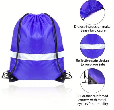 Reflective Drawstring Backpack To Keep You Safe Blue Nylon Bag  - Image 1 of 4