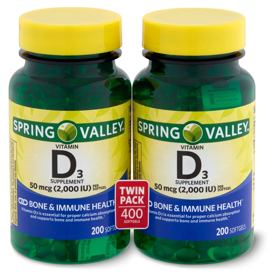 Spring Valley Vitamin D3 Supplement Twin Pack, 50 mcg, 200 Count, 2-Pack - Image 1 of 4