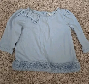 Janie And Jack Blue Top 3/4 Sleeve Bow And Fur Trim Size 6 Baby Blue - Picture 1 of 7