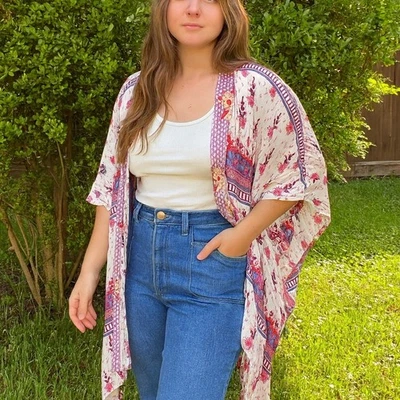Anthropologie Lilka Kimono Mujer Talla Única Plumero Frente Abierto Blanco Rosa Púrpura Foto 1 de 4