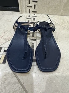 L.K. Bennett Sandals Womens 36 Bow T Strap Slingback Flats Navy Leather Casual - Picture 1 of 4
