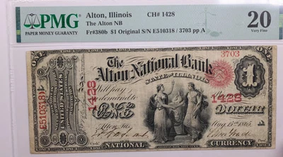 1865 $1, National Bank Note, Alton, Illinois., PMG Very Fine-20., LGNG027 - Image 1 of 2