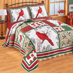 RED CARDINAL PATCHWORK FULL QUEEN SIZE QUILT & SHAMS - CHRISTMAS HOLIDAY - Picture 1 of 1