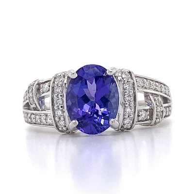 18k White Gold Oval Blue Tanzanite W/ Round White Diamond Ring Size 7.25 - Image 1 of 4