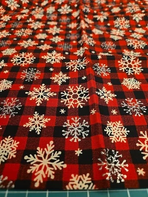 Christmas Fabric Glitter Buffalo Red Black Plaid Snowflakes 1 Yard New 2018 - Image 1 of 4