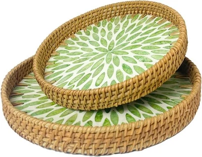 Greenleaf Round Rattan Wicker Tray with Mother of Pearl Inlay - Image 1 of 4
