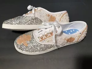 New Women's Bling Crystal and Pearl Embellished Lace Up Sneakers - Picture 1 of 9