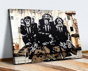 3 WISE MONKEYS BANKSY  CANVAS WALL GRAFFITI ART PRINT ARTWORK FRAMED POSTER - Picture 1 of 20