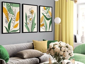 Botanical Set of 3 Pictures, Boho Leaves and Flowers - Picture 1 of 5
