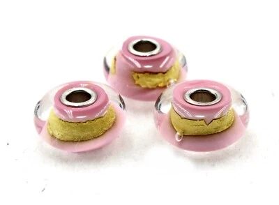 Lot of 3 Murano European Glass Charm Bead Charm Pink & Gold ~ New No Tag  - Imagem 1 de 4