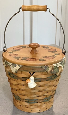 LONGABERGER SAGE AUTUMN PAIL BASKET LINER PUMPKIN LID GHOSTS TIE ON Cover