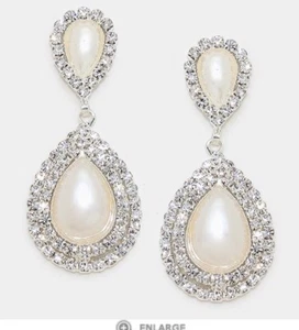 1.75” Long Pearl Clear Silver White Crystal Pageant Bridal Dangle Earrings - Picture 1 of 2