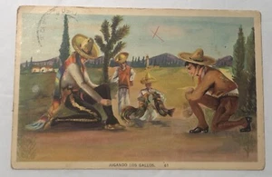 Vintage Postkarte Jugando Los Gallos, 61 Leinen Postkarte - Bild 1 von 4