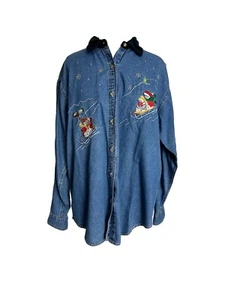 Vtg Basic Editions Shirt Top Size Medium Embroidered Snowmen Sledding Christmas - Picture 1 of 8