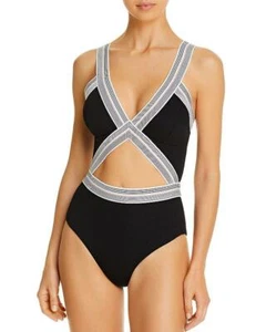 $120 NWT Dolce Vita Black Blaire Striped One Piece Swimsuit Large pmy2722a - Picture 1 of 2