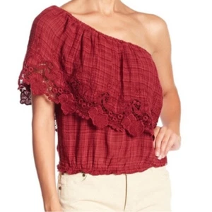 O'Neill Sabrina One-Shoulder Blouse L Ruby Wine Womens Ruffle Boho Peasant Top - Picture 1 of 10