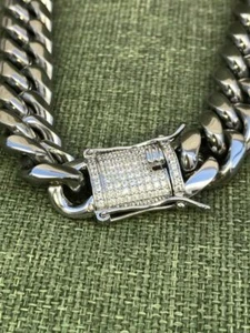 Men's Miami Cuban Chain 14k White Gold Plated Stainless Steel 14mm Silver 925 CZ - Picture 1 of 9