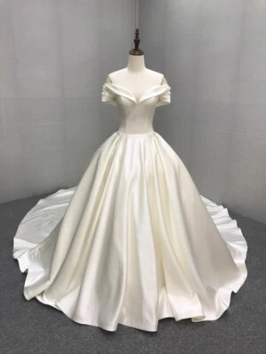 White ivory Wedding Dresses Satin Elegant Sweep Train 2025 Church Bridal Gowns - Image 1 of 4