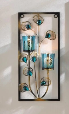 Peacock Rectangular Wall Sconce Candle Holder Light Lamp Lantern Home Decor - Image 1 of 3