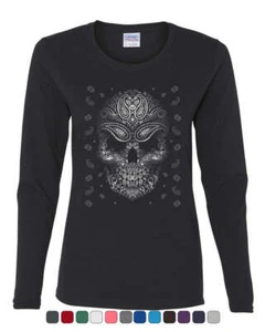 Bandana Skull Face Women's Long Sleeve Tee Gangsta Badass Swag Urban Skeleton - Picture 1 of 7