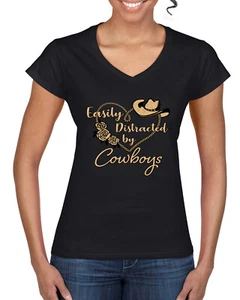 Easily Distracted by Cowboys Southern West Wild Women Standard V-Neck Tee - Picture 1 of 8