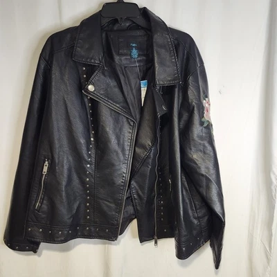 Chaqueta de motocicleta Rue21 negra para mujer de cuero con logotipo floral gótico punk rock 3X Foto 1 de 4