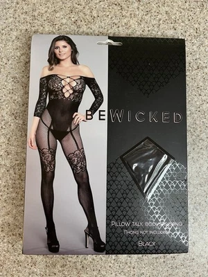 Bodystocking de encaje fuera del hombro cruzado cuello profundo negro 1890 talla única Foto 1 de 2