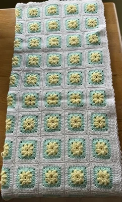 Homemade Baby Kids Blanket Crochet Yellow Flowers with Green & White 35.5 X 44.5 - Image 1 of 4