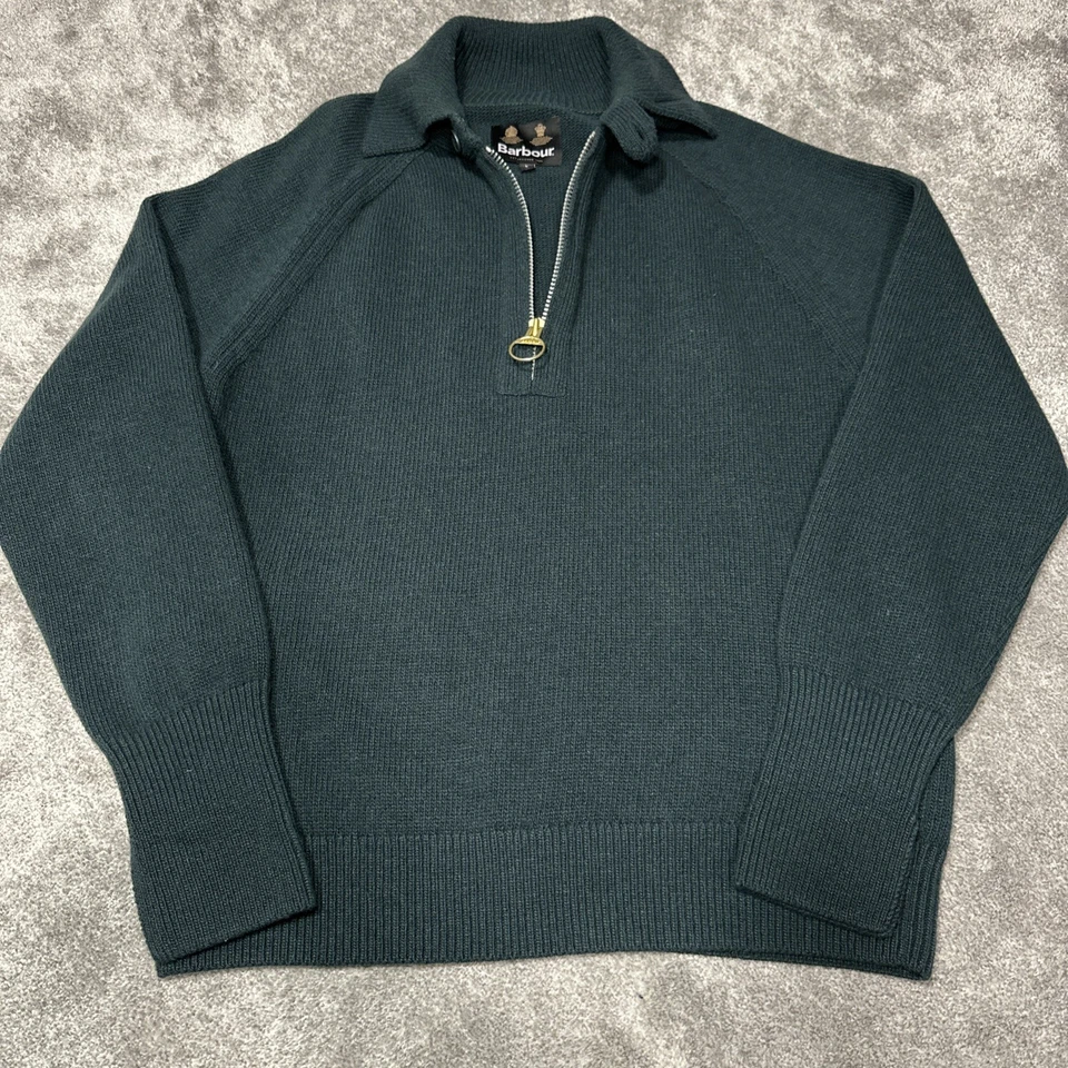 BARBOUR Cyclone Green 1/2 Zip 100% WoolJumper Size Large Mens Chunky Knit Winter - Image 1 of 4