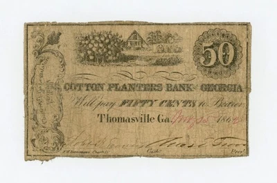1862 50c Cotton Planters Bank of Georgia - Thomasville, GEORGIA Note - Image 1 of 2
