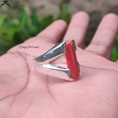 Elegant Red Marjan Ring for Men in 925 Sterling Silver Natural Coral Jewelry - Image 1 of 4