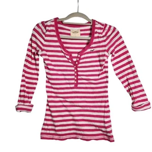 Vintage Y2K Hollister Striped Henley Top Sz S Pink 3/4 Roll Sleeve Bella Swan - Picture 1 of 18