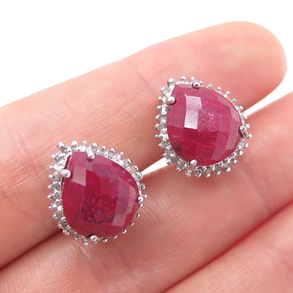 925 Sterling Silver Real Diamond & Pear-Cut Ruby Omega Back Earrings - Image 1 of 4