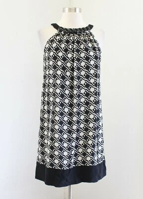 Vestido recto Shoshanna negro blanco roto geométrico lunares seda talla 4 corbata con cuentas Foto 1 de 4