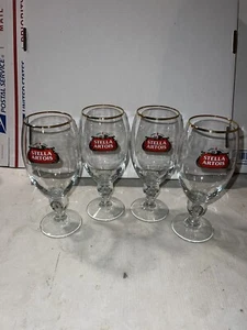 STELLA ARTOIS 50CL BEER GLASS SET OF 4 GOLD RIMMED GLASSES CHALICES BELGIUM NEW! - Picture 1 of 8