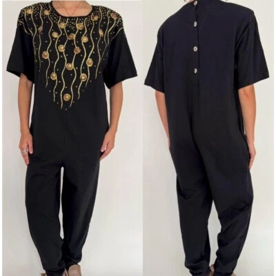 Mono pantalón de una pieza de algodón retro funky pintado a mano concha marina oro negro años 80 Foto 1 de 4